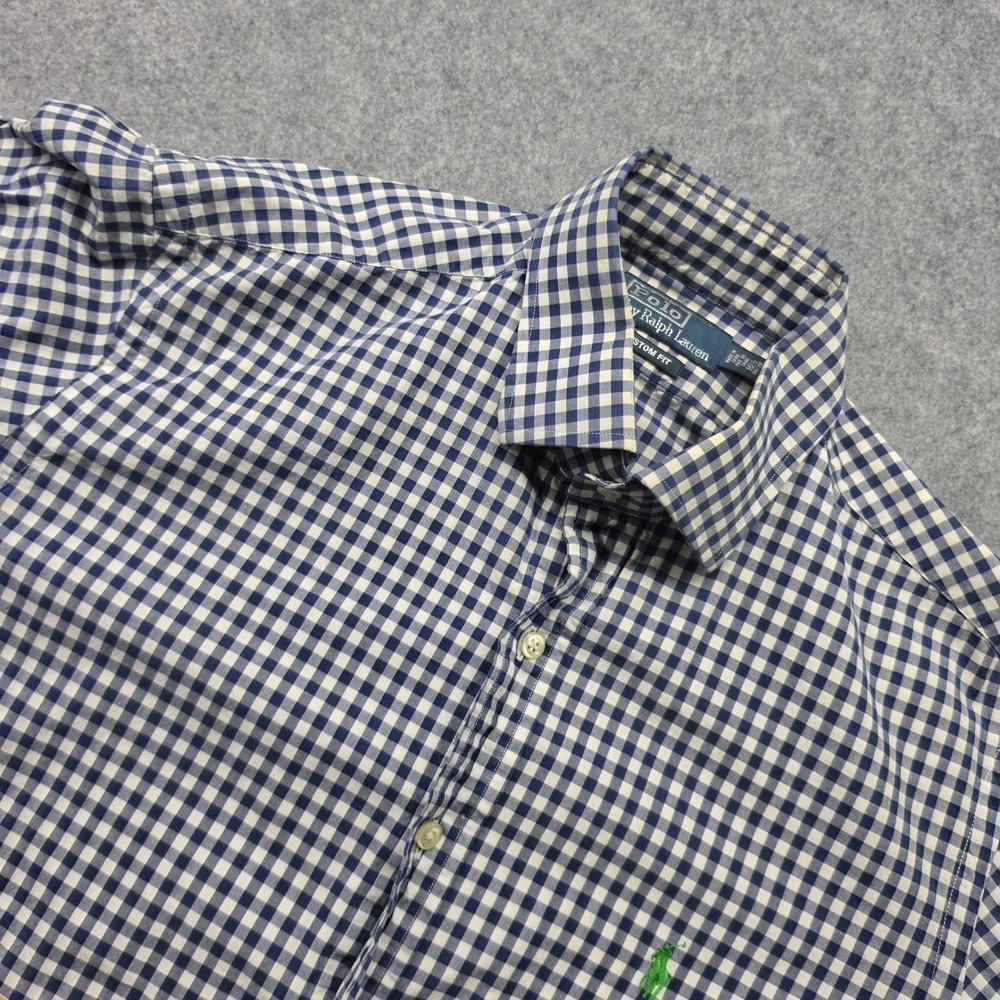 Polo Ralph Lauren Mens Custom Fit Gingham Button Down Shirt Navy Blue 16.5 34/35